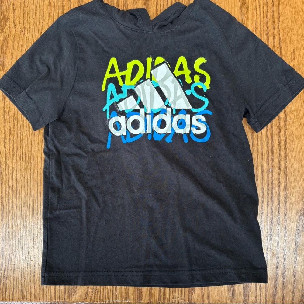 Adidas Kids Black Tee with Blue and Green Graphic